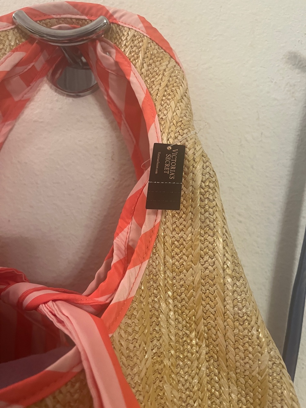 Victoria’s Secret Reversible Straw Tote Beach Bag Pink White Stripes NWT - Picture 9 of 13